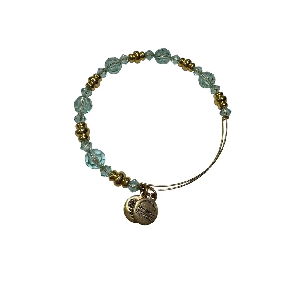 Alex and Ani Light Aqua Crystal Beaded Bangle Gold Heart Flag Charm Bracelet